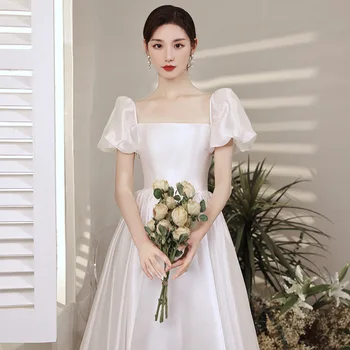 Paprasta Satino Vestuvių Suknelės, Elegantiškas Klasikinis Sluoksniuotos Rankovėmis Grindų Ilgis Princesė Suknelė Nauja Balta Oficialią Šalies Chalatai