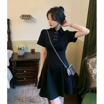 2023 Juoda Didelio Dydžio Herben Stiliaus Naujas Kinų Stiliaus Pagerėjo Cheongsam Suknelė Vaikų Trumpas Sijonas Vasarą Dizaino Prasme Nišą